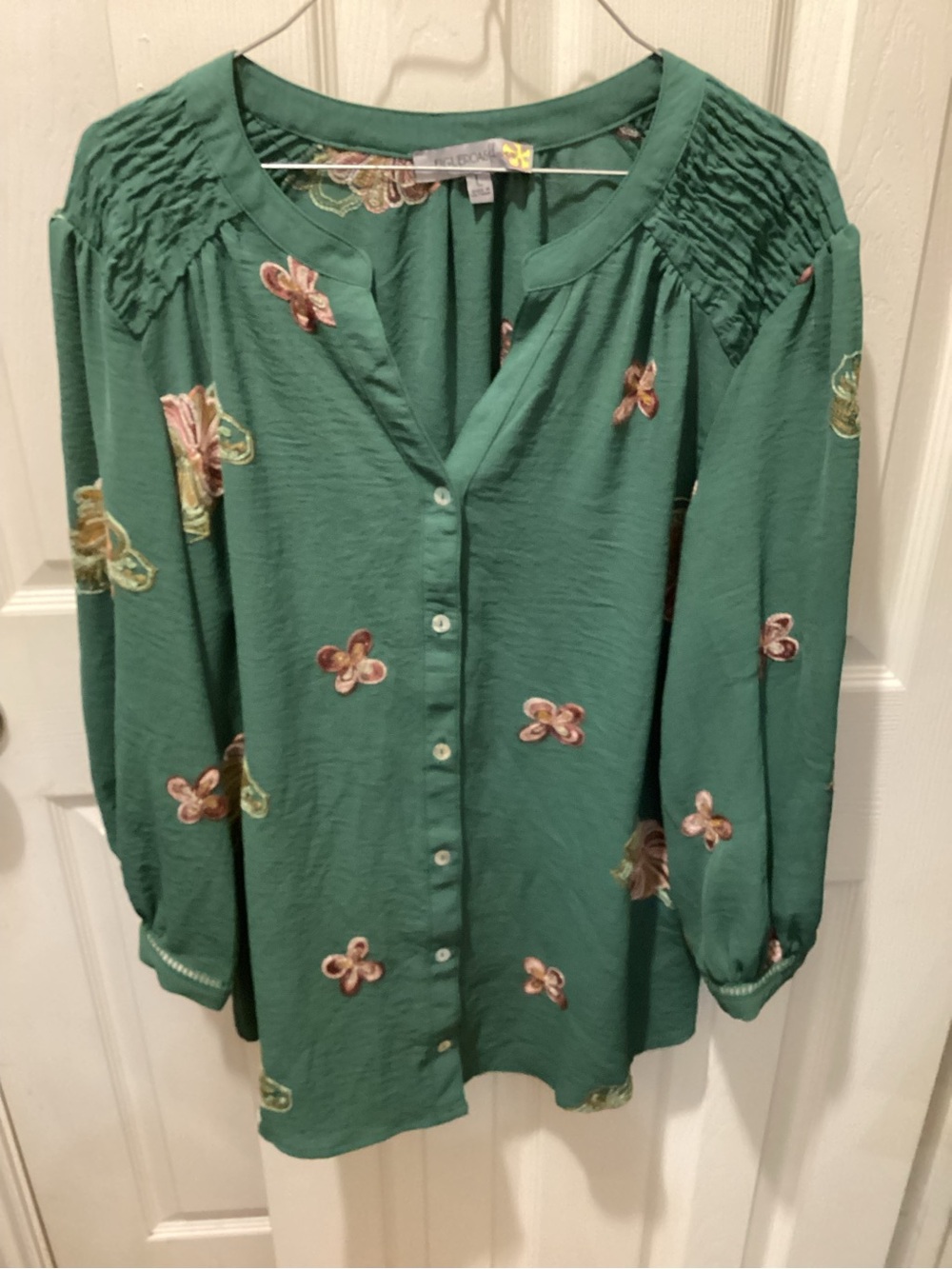Green Floral Button-Down Blouse with Smocked Shoulders